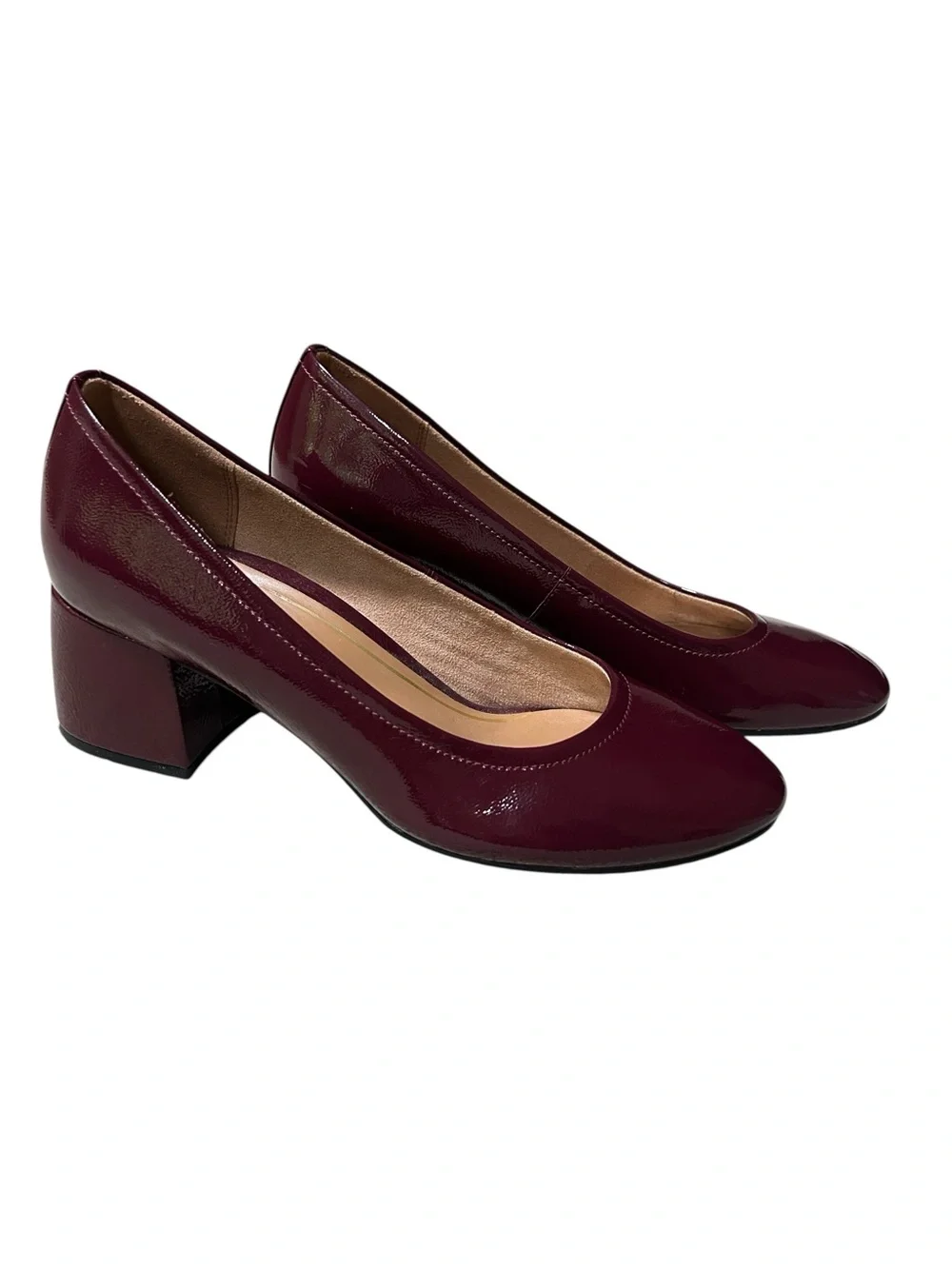 Vionic Carmel Syrah Crinkle Patent Burgundy Block Heel Comfort Pumps, Size 9
